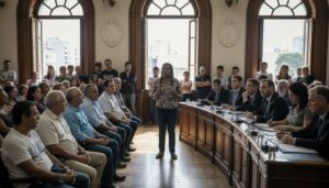 Audiência pública numa câmara municipal: uma cidadã fala ao microfone diante de vereadores e de uma plateia diversa