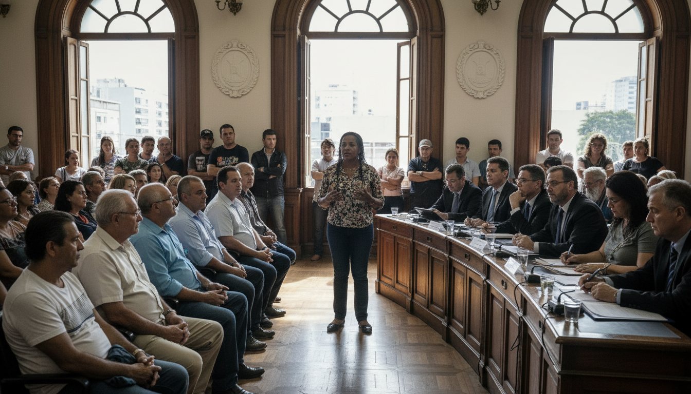 Audiência pública numa câmara municipal: uma cidadã fala ao microfone diante de vereadores e de uma plateia diversa