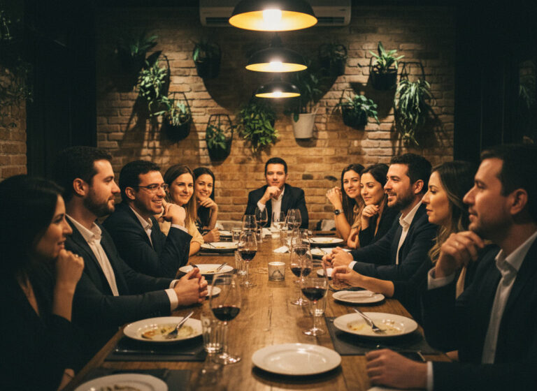 Empreendedores conversando em um jantar de negócios numa mesa longa de restaurante, com luz quente