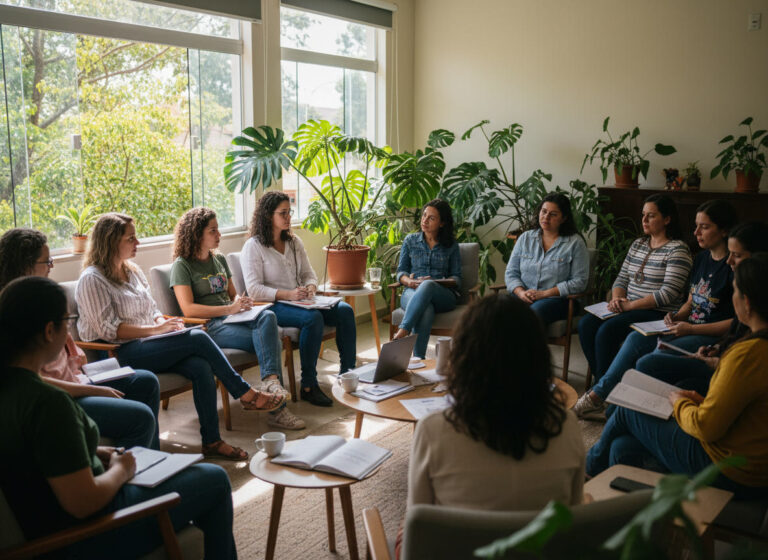 Grupo diverso de cidadãos e lideranças em uma roda de conversa num espaço comunitário iluminado